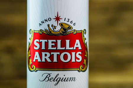 Great Belgium beer - Stella Artois. Belgium Premium Lager beer can. Studio photo shoot in Bucharest, Romania, 2020のeditorial素材