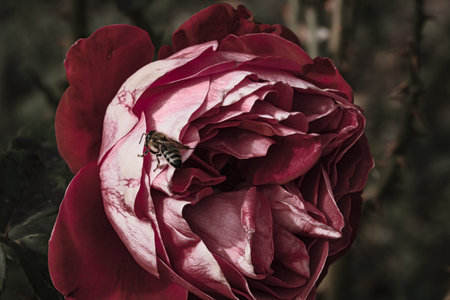 Bee on colorful rose petals isolated in garden with copy space. Rose isolated background wallpaper.