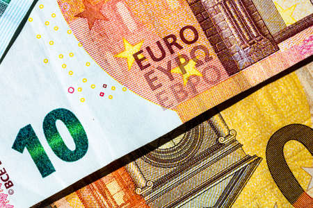 Close up of money euro banknotes, background of money euro isolated.の写真素材
