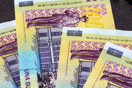 Selective focus on detail of lei banknotes. Close up macro detail of romanian lei banknotes, 100 lei...