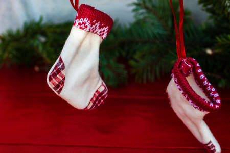 Christmas composition with seasonal decorations and ornaments, colorful Christmas background christmassy mood concept.の写真素材