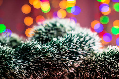 Blurred lights in Christmas composition with seasonal decorations and ornaments, colorful Christmas background christmassy mood concept.の写真素材