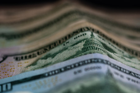 Selective focus on detail of dollars banknotes. Close up macro detail of money banknotes, dollars...