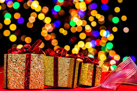 Christmas decoration, Christmas and New Year holidays background, winter season with Christmas ornaments and blurred lightsの写真素材