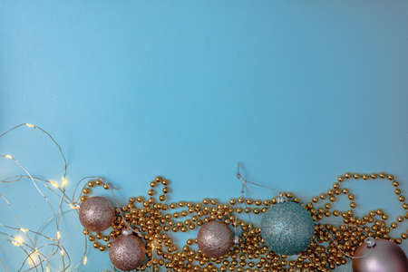 Decorated Christmas background with christmassy ornaments and decorations. Top view with copy space Christmas composition.の写真素材