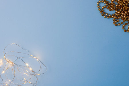 Decorated Christmas background with christmassy ornaments and decorations. Top view with copy space...