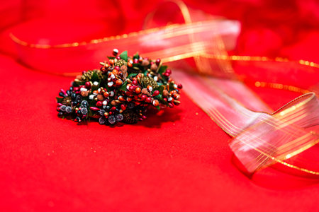 Christmas decoration, Christmas and New Year holidays background, winter season with Christmas ornaments and blurred lightsの写真素材