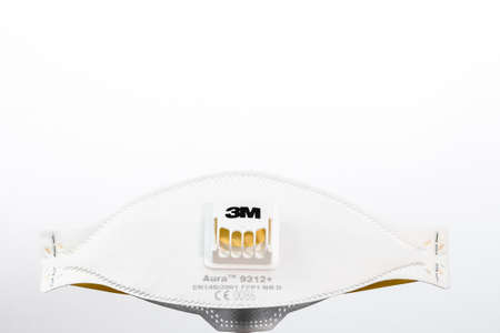 3M Aura filtering respirator face mask. Isolated medical mask in Bucharest, Romania, 2020のeditorial素材