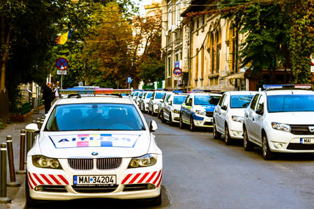 Romanian police (Politia Rutiera) car parked along the street in downtown Bucharest, Romania, 2021のeditorial素材
