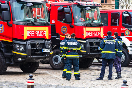 Romanian Firefighting emergency firemen (Pompierii) parked in front of the Home Office (Ministry of...