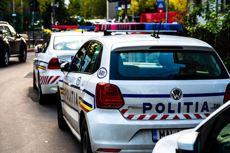 Romanian police (Politia Rutiera) car parked along the street in downtown Bucharest, Romania, 2021