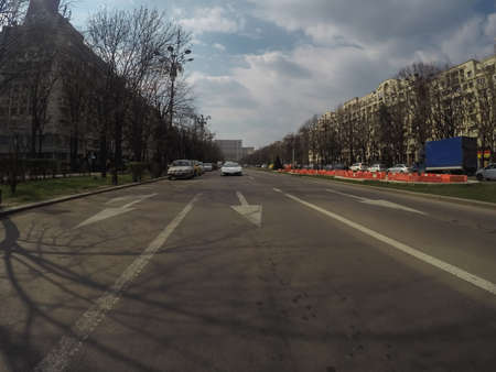 Changes and complications caused by coronavirus epidemy, world without crowds, virus empties streets. No traffic jam, no pollution, empty streets in downtown Bucharest, Romania, 2020のeditorial素材