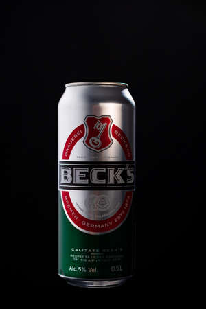 Beck`s beer can isolated on black background. Bucharest, Romania, 2020のeditorial素材