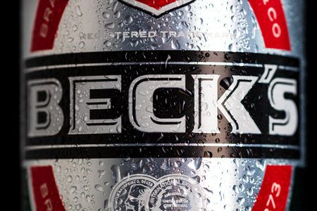 Condensation water droplets on Beck`s beer can isolated on black. Bucharest, Romania, 2020のeditorial素材