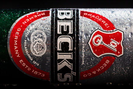 Condensation water droplets on Beck`s beer can isolated on black. Bucharest, Romania, 2020のeditorial素材