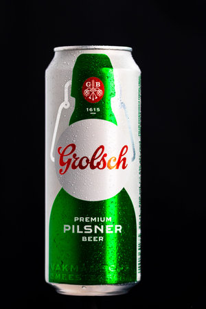 Water droplets on Grolsch Premium Pilsner - Grolsch Premium Lager beer can. Studio photo shoot in...