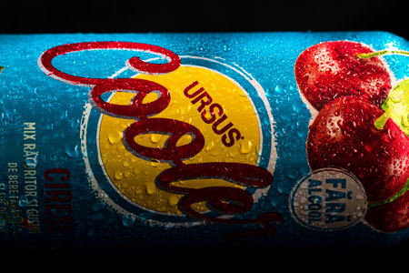 Condensation water droplets on Ursus Cooler beer can isolated on black. Bucharest, Romania, 2020のeditorial素材
