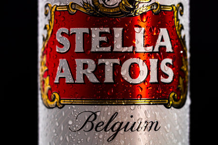 Condensation water droplets on Stella Artois beer can isolated on black. Bucharest, Romania, 2020のeditorial素材