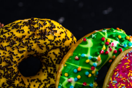 Glazed donuts with sprinkles isolated. Close up of colorful donuts.の写真素材