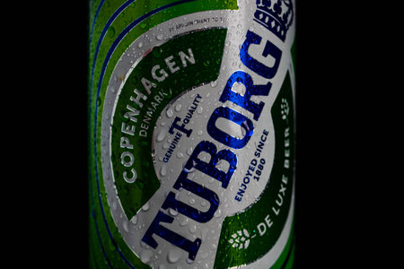 Condensation water droplets on Tuborg beer can isolated on black. Bucharest, Romania, 2020のeditorial素材