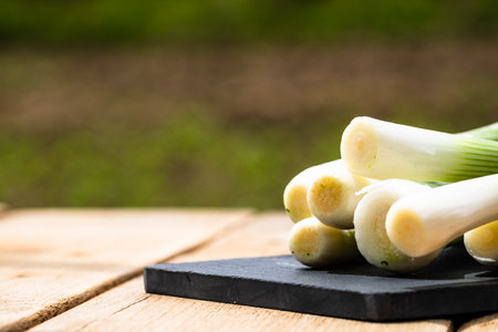 Close up of details of fresh green onions (scallion) on a cutting board isolated.の写真素材