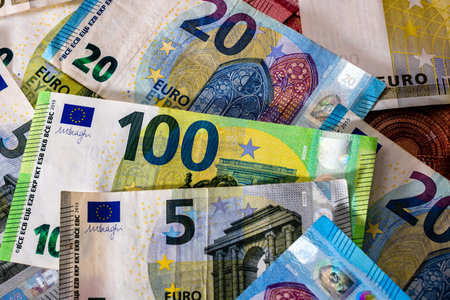 Close up of money euro banknotes, background of money euro isolated.