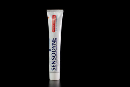 Sensodyne toothpaste tube on black background. Bucharest, Romania, 2021のeditorial素材