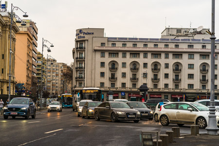 Car traffic at rush hour in downtown area of the city. Car pollution, traffic jam in the morning and evening in the capital city of Bucharest, Romania, 2020のeditorial素材