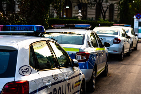 Romanian police (Politia Rutiera) car parked along the street in downtown Bucharest, Romania, 2021のeditorial素材