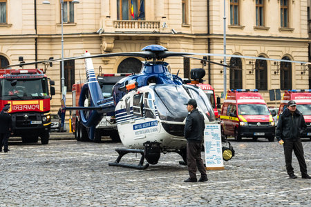 Romanian Police (Politia Romana) helicopter in front of the Home Office (Ministry of the Interior) in Bucharest, Romania, 2020. Coronavirus worldwide outbreak crisis. Spread of the COVID-19 virusのeditorial素材