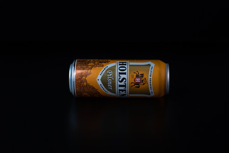 Holsten beer can isolated on black background. Bucharest, Romania, 2021のeditorial素材