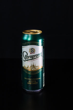 Staropramen  beer can isolated on black background. Bucharest, Romania, 2021のeditorial素材