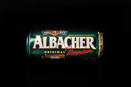 Albacher beer can isolated on black background. Bucharest, Romania, 2021のeditorial素材