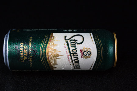 Staropramen  beer can isolated on black background. Bucharest, Romania, 2021のeditorial素材