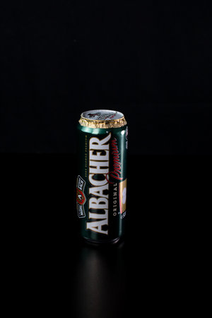 Albacher beer can isolated on black background. Bucharest, Romania, 2021のeditorial素材