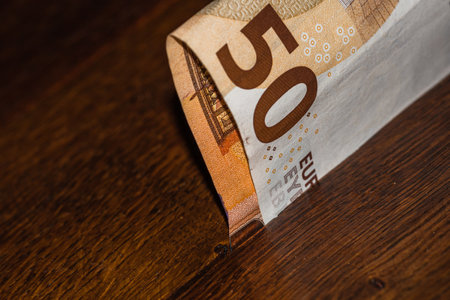 50 euro banknote on wooden table, close up.の写真素材