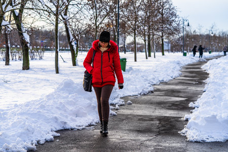Walking on snowy path in a park of Bucharest, Romania, 2020のeditorial素材