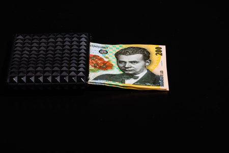 LEI romanian money banknotes in black wallet isolated