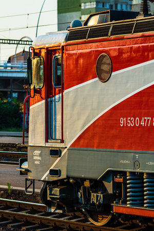 Detail of train in motion at train platform at Bucharest North Railway Station (Gara de Nord...