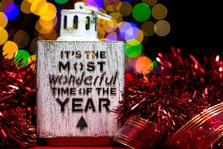 Christmas decoration, Christmas and New Year holidays background, winter season with Christmas ornaments and blurred lightsの写真素材