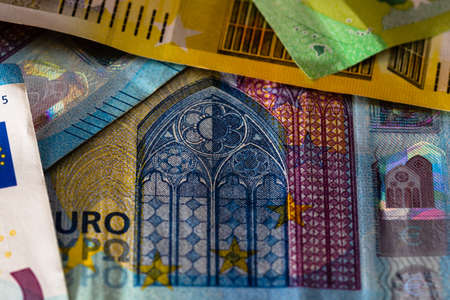 Close up of money euro banknotes, background of money euro isolated.の写真素材