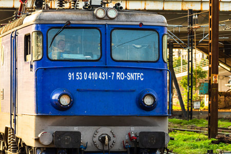 Detail of train in motion at train platform at Bucharest North Railway Station (Gara de Nord Bucharest) in Bucharest, Romania, 2020のeditorial素材