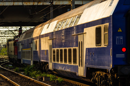 Detail of train in motion at train platform at Bucharest North Railway Station (Gara de Nord...