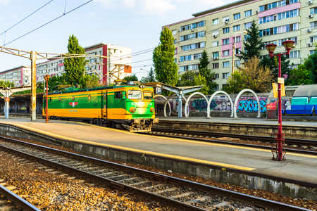 Detail of train in motion at train platform at Bucharest North Railway Station (Gara de Nord Bucharest) in Bucharest, Romania, 2020のeditorial素材