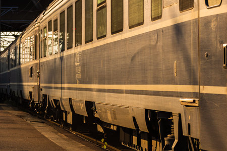 Detail of train in motion at train platform at Bucharest North Railway Station (Gara de Nord...