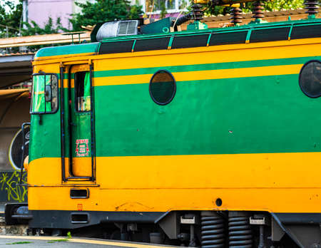 Detail of train in motion at train platform at Bucharest North Railway Station (Gara de Nord Bucharest) in Bucharest, Romania, 2020のeditorial素材