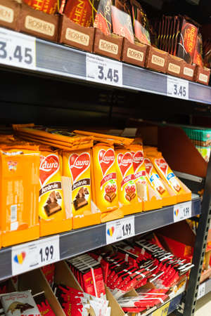 Selective focus on supermarket shelves in Bucharest, Romania, 2021のeditorial素材