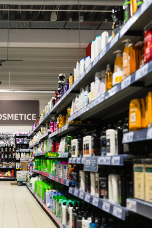 Selective focus on supermarket shelves in Bucharest, Romania, 2021のeditorial素材