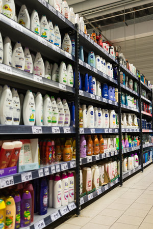 Selective focus on supermarket shelves in Bucharest, Romania, 2021のeditorial素材