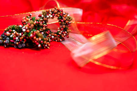 Christmas decoration, Christmas and New Year holidays background, winter season with Christmas ornaments and blurred lightsの写真素材